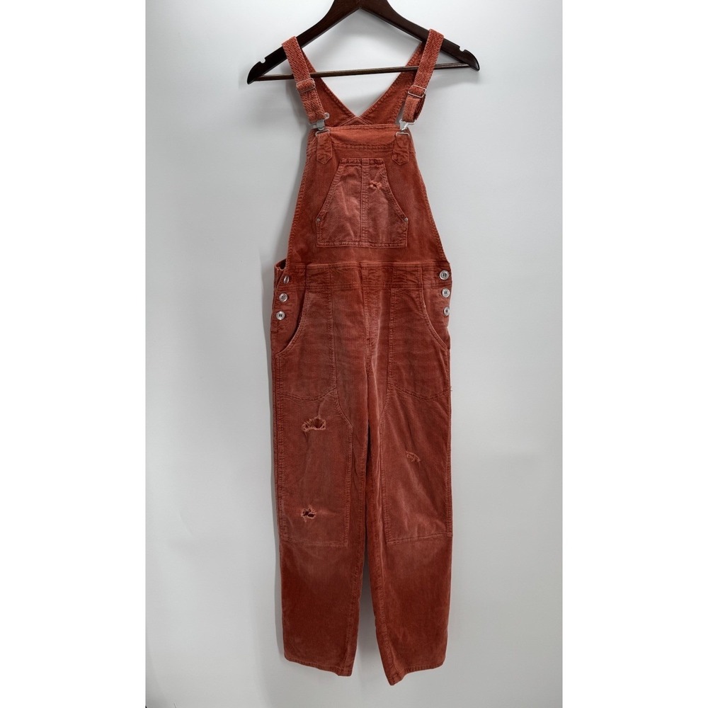 Pilcro Corduroy Overalls Rust Orange Distressed Boho Workwear Straight Leg Women